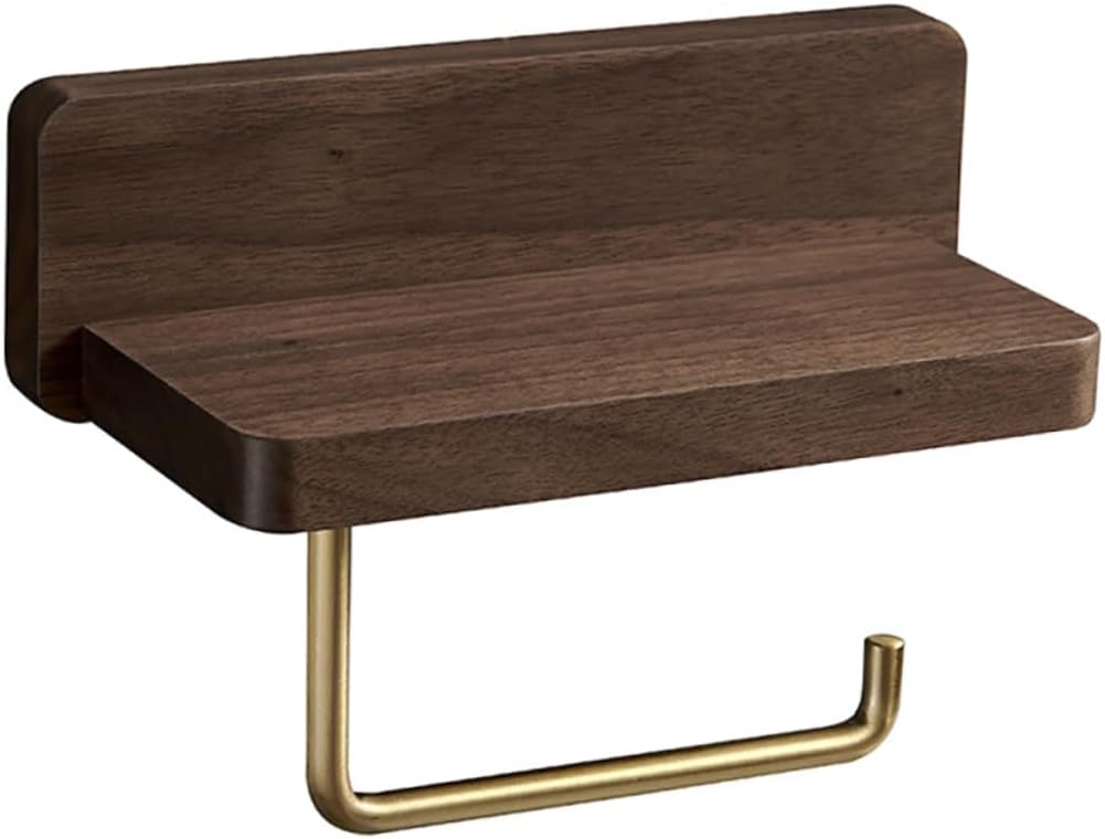 Wall Mounted Toilet Paper Holder with Phone Shelf Bathroom Roll Tissue Rack Natural Walnut Finish Easy to Install Space-Saving Design for Use
