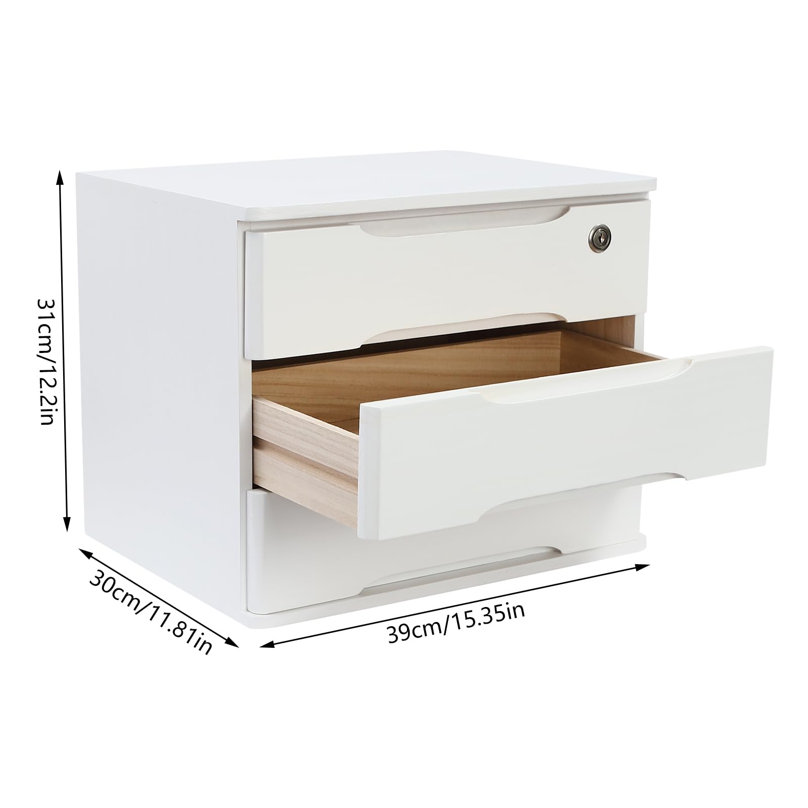 Mini cassettiera a 3 ripiani, con serratura, in legno di tungsteno, per riporre gioielli e decoupage (39 × 30 × 31 cm)