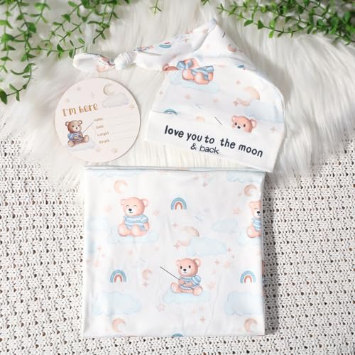 Image of Ylsteed Baby Swaddle Blanket and Headband Set, Newborn Receiving Blanket Swaddle Wrap for Girls and Boys, Swaddling Blankets Neutral for Newborn， Soft and Skin-Friendly 32 * 32 inches (Blue Bear)