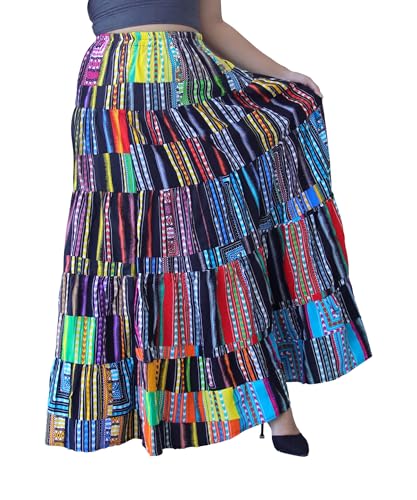 DA'IKI Wide Full Stepped Maxi Skirt Africa Dashiki Mixed Patchwork Long Elastic Waist