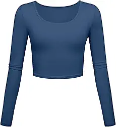 Kindcall Blusas curtas básicas leves e justas de manga comprida para mulheres, Beja Blue, PP