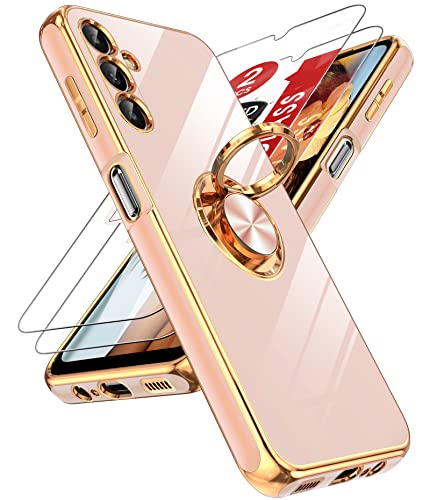 LeYi Coque pour Samsung Galaxy A14 4G/5G avec 2 Verre Trempé Vitre Protection et Anneau Telephone Rotatif à 360°, Mince en TPU Souple Etui Antichoc Housse pour Samsung Galaxy A 14 - Rose