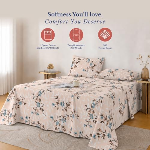 Image of Jaipur Weaves Bedsheet Queen Size 100% Pure Cotton Bed Sheet with 2 Pillow Covers, 240 TC Premium Bedding Set, 90x100 inch, Super Soft Cozy (Spring Tulips Pink)