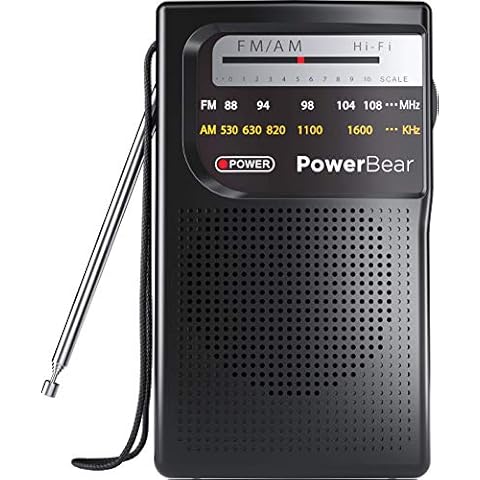 PowerBear Portable Radio | AM/FM, 2AA Battery Operated with Long Range Reception for Indoor, Outdoor & Emergency Use | Radio with Speaker & Headphone Jack (Black) Cover