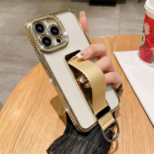 Coque iPhone 13 paillettes transparent Or avec dragonne diamant ENILSA