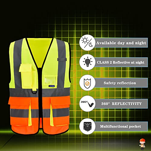 Image of Hi-Vis Reflective Vest with 7 Pockets, Zipper, Yellow /Orange, 3XL | Yellow /Orange 3XL safety vest with 7 pockets, black front zipper and reflective strips for road work; for men and women.