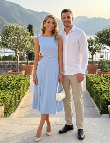 Image of ZESICA Women Summer Sleeveless Midi Dresses 2026 Elegant Boat Neck A Line Tie Waist Spring Cocktail Party Dress