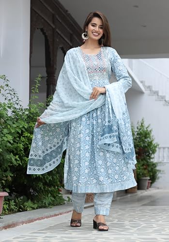 Image of Women's Stylish Rayon Nayra Cut Kurta Embroidered Work and Round Neck 3 /4 Sleeve with Pant Dupatta Set