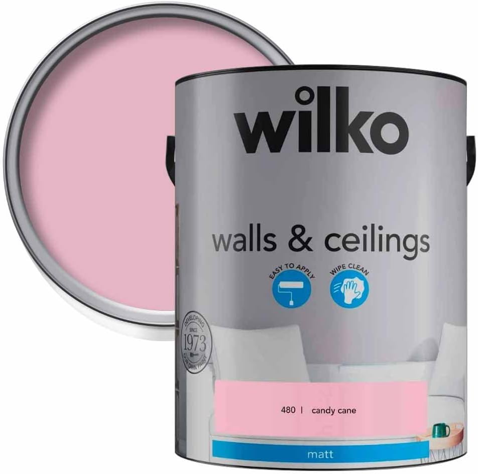wilko Walls & Ceilings Matt Emulsion Paint, Washable & Hardwearing Paint, Suitable for Bedrooms, Living Rooms & Other Rooms in the Home (Candy Cane, 5 Litre)