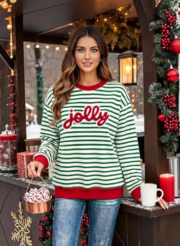 Christmas Sweatshirts For Women Jolly Glitter Patch Striped Sweater - image 2