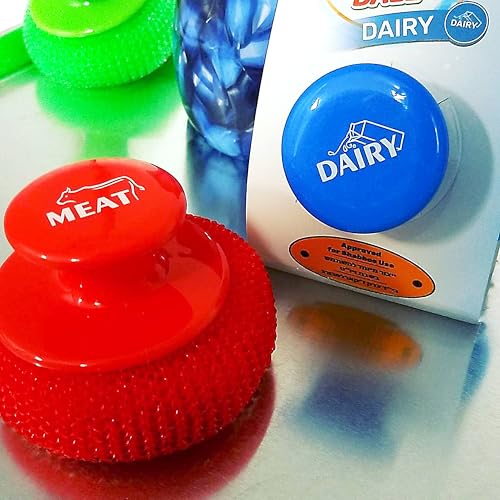 Image of The Kosher Cook Meat Red Scouring Pad with Comfortable Handle Ergonomic Easy Grip Dishwashing Cleaning Sponge Brush Color Coded Home and Kitchen Accessories