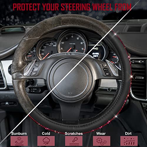Car Pass Red Diamond Black Leather Steering Wheel Cover, With Bling Crystal Rhinestones Universal Fit 14" 1/2-15" Crystal Glitter For Women Sparkle Girl Fit Suvs,Vans,Sedans,Cars,Trucks, Red Diamond #TOP5