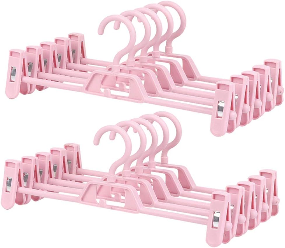 DOITOOL 10 Pack Plastic Skirt Hangers, Space Saving Cloth Hangers with Retractable Clips, Non Slip Clip Hangers for Pants, Bulk Plastic Hangers Closet Organizer (White) (Pink)