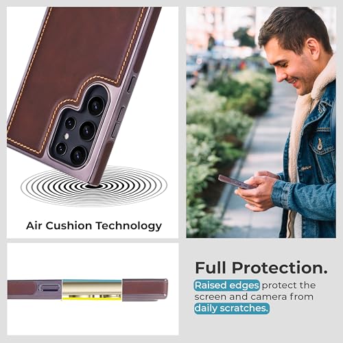 Image of PULOKA Chrome Leather Back Case - Compatible with Samsung Galaxy S25 Ultra - Luxury Bumper Case - Flexible Vegan Leather - Electroplated Sides - Full Camera Protection & Raised Edges - Brown