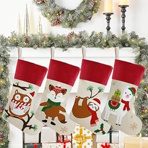DearSun Set of 4pcs, 18" Christmas Stockings with Lovely Christmas Vehicle Designs Linen Stockings for Holiday Family Decor (Alpaca, Sloth, Owl, Fox) DearSun Set of 4pcs 18 Christmas Stockings with Lovely Christmas Vehicle Designs Linen Stockings for Holiday Family Decor Alpaca Sloth Owl Fox