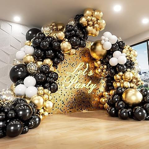 182pcs Black and Gold Balloons Garland Arch Kit, 5 10 12 18 inch Black White Metallic Gold Confetti Latex Balloons for 2024 Graduation Decorations New Year Birthday Party Decorations Cover