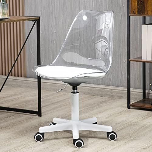 Villeston Acrylic Clear Desk Chair, Modern Small Cute Armless Vanity Rolling Plastic Chair Home Office Lucite Ghost Chairs Cushion Padded with White Legs and Wheels, Clear