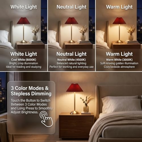 Image of NYRWANA Cordless Table Lamp Metal | 2000mAh Battery | Home Decor, Desk Lamps for Bedroom, Living Room, Study Room, Stepless Dimming, 3 Colour Touch Control, USB-C Charging (Red)