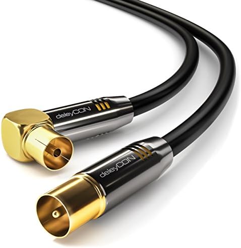 deleyCON 1m (3.28 ft.) TV Antenna Cable Coaxial Cable Gold-Plated Connector 1x Straight 1x 90° Angle Metal Connector UltraHD FullHD HDTV - Black