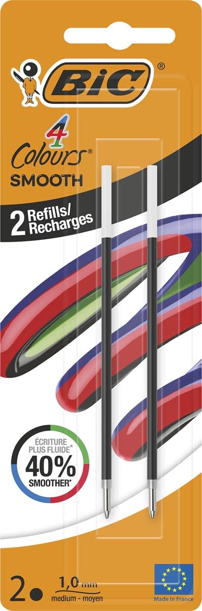 Smooth BIC Kugelschreibermine, 4 Farben, mittlere Spitze, 1 mm, 2 Stück, schwarze Tinte