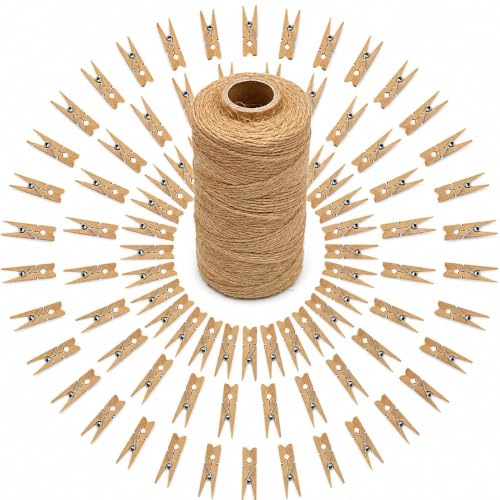 jijAcraft 100Pcs Clothespins with String 1.4Inch Mini Wooden Clothes Pins with 328Ft Jute Twine Mini Baby Shower Photo Clips Small Natural Clips for Hanging Photo Clothes DIY Crafts Wrap Bag