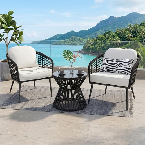 Image of BRISHI Garden Patio Seating Chair and Table Set Outdoor Balcony Garden Coffee Table Set Furniture with 1 Table and 2 Chairs Set with Cushion Braid & Rope (Black /White)