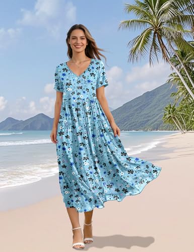Image of YESNO Women's Summer Maxi Dresses Casual Floral Short Sleeve V Neck Boho Beach Vacation Swing Dress with Pockets EVF