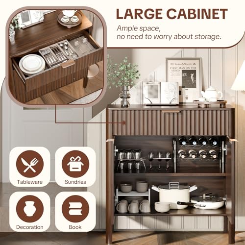 Image of Fluted Buffet Cabinet Accent with Doors & Drawer 31 inch Walnut | Anti-tipping Design, Scratch & Water-resistant, Pre-drilled Easy Assembly Versatile for Kitchen, Entryway & Living Room