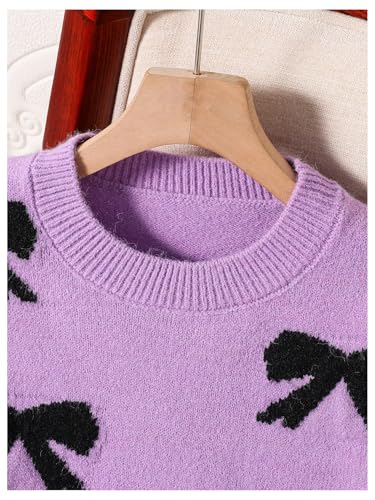 Image of BEAUDRM Girl's Cute Bow Sweater Crew Neck Long Sleeve Drop Shoulder Loose Pullover Tops