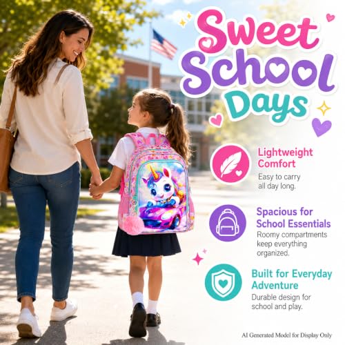 Image of HPJGD 3PCS Girls Unicorn Bookbag Set, Kids Sports Car Backpack Set for Girls with Lunch Box, Cute Water Resistant Elementary School Bag for Preschool Toddler - Pink Unicorn Sports Car