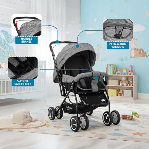 Image of Amazon Brand - Supples Baby Stroller /Pram for Newborns & Toddlers (0-3 Years) | Foldable, 5-Point Safety Harness, Reclining Seat, Storage Basket, Adjustable Backrest, 360 Wheels | Grey & Black