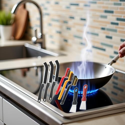 Image of 8Pcs Multicolour Kitchen Stove Cleaning Brush+Heavy Duty Scraper Tool Set for Gas Burners Cooktop Pot Pan Brass,Stainless Steel and Nylon Brush Head Brushes for Range Hood Grease Grime,Cleaning Tools