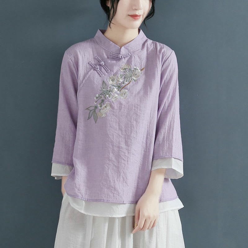JYHBHMZG Women's Spring Summer Chinese Style Fake Two-Piece Cotton Linen Blouse Retro Frog Button 3/4 Sleeve Embroidered Top