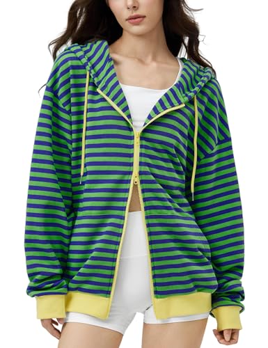 FAIABLE Striped Zip Up Hoodie Women Oversized Sweatshirt Hoodies Zipper Sweaters Pullover Cotton Vintage Preppy Shirt Outfits