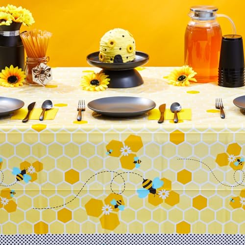 Image of BLUE PANDA Bee Tablecloth Set 3-Pack - 54 x 108 in Multicolor Plastic - Disposable Bee Party Supplies Table Cover for Birthday, Baby Shower & Gender Reveal - Bumblebee Honeycomb Party Decorations