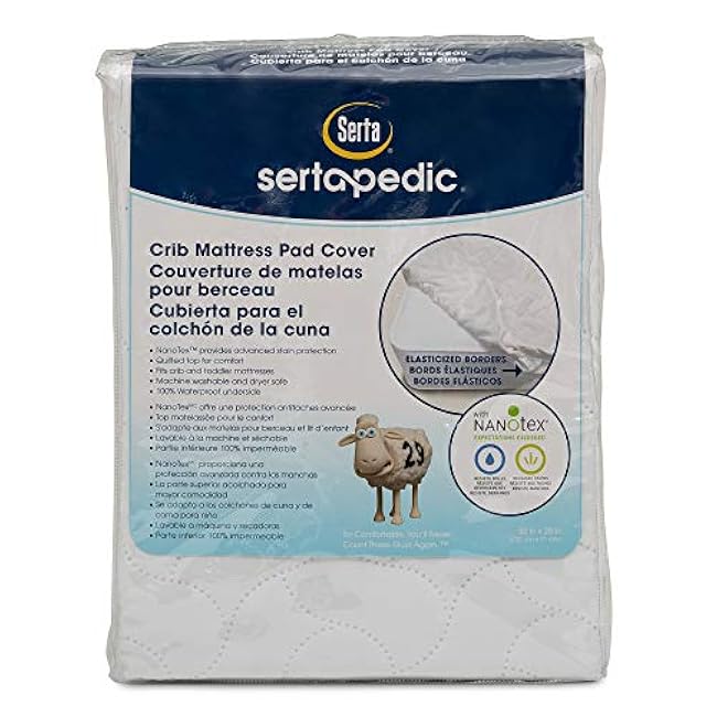 Serta Sertapedic Crib Mattress Protector with Nanotex Stain Repel and Release ¨C Washable and Waterproof Mattress Pad Cover ¨C Essentials for Newborn Baby and Toddler, 52x 28, White
