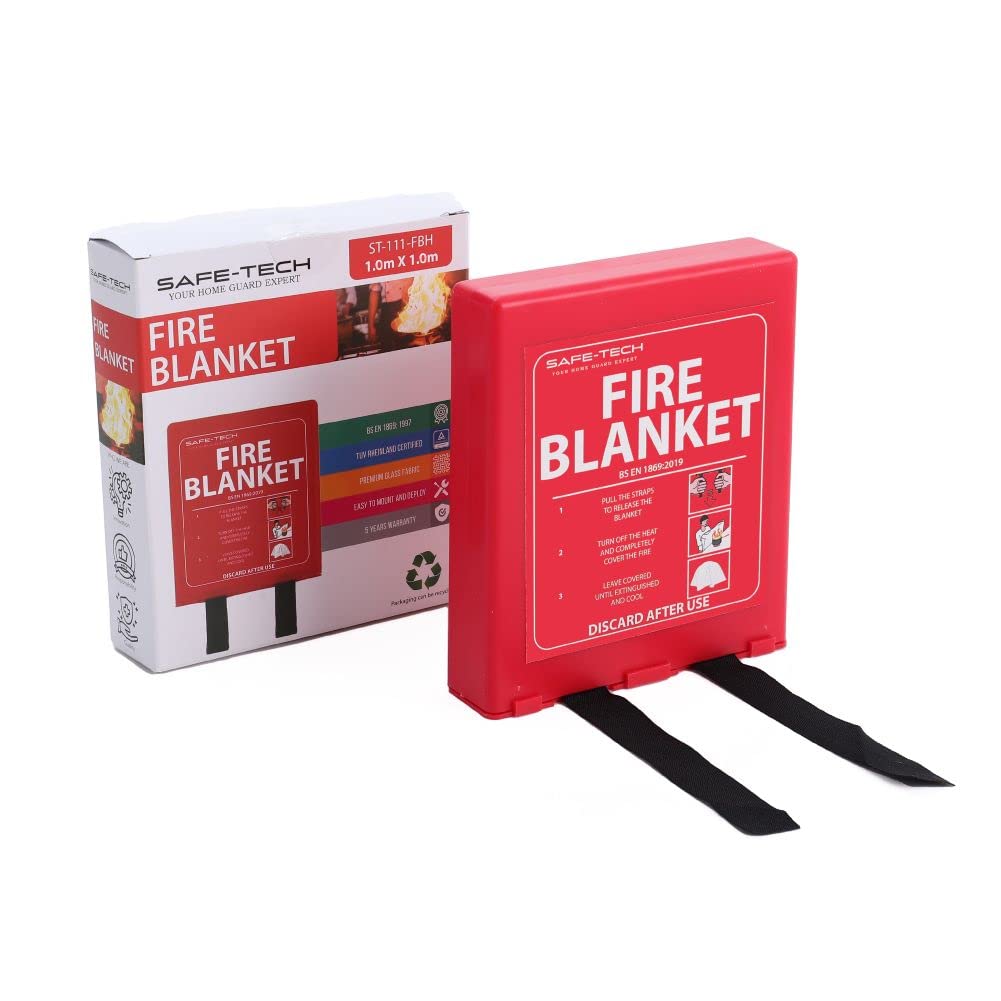 Safe Tech 1X1m Hard Pack Fire Blanket In Box, Emergency Fire Blanket For Emergency Survival, Kitchen Fire Blanket With Heat Insulation, Fire Blanket Extinguisher For Car, 1M X 1M Fire Blanket For Home And Kitchen