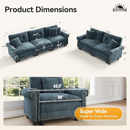 Image of SUNSHINE VALLEY 2-Piece 5-Seater Cloud Modular Sofa Set, Oversized Mid-Century Modern Couch Set with Loveseat and Throw Pillows, Extra Deep & Wider Cushions for Living Room, Chenille Cyan