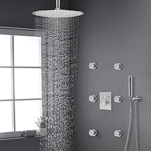 Zygolvq Brushed Nickel Shower System With Body Jets -16" Ceiling Rainfall Round Shower Head With 2-Function Handheld, Can Used All Functions At The Same Time #TOP1