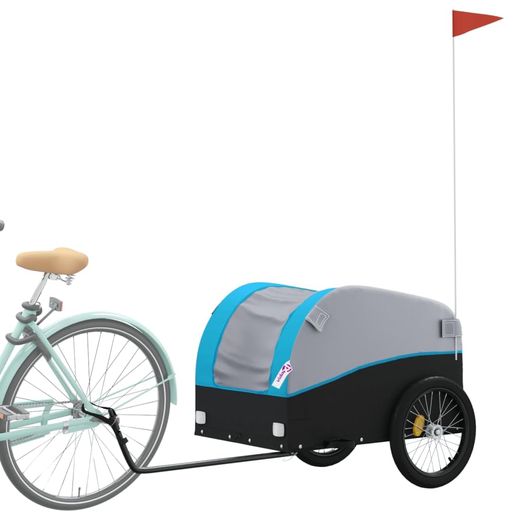 Remolque para bicicleta de hierro negro y amarillo, capacidad de carga, dimensiones x x, con bandera de seguridad, ideal para transporte, compras, excursiones y uso al aire libre