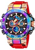FANMIS Men's Watches Sports Military Watches Waterproof Color Designer Large Face Digital Analog Tactical Outdoor Men's Wristwatches-Chronograph Dual Time LED Alarm Stopwatch (Colorful Red)