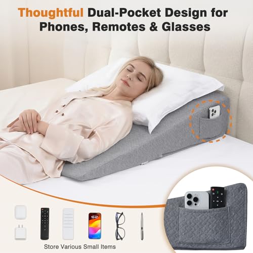 Image of Vekkia 34 inch Extra-Long Wedge Pillow, Back & Arm Support, Bed Wedge Pillow for Sleeping After Surgery, Acid Reflux, Snoring Relief, Removable Washable Cover & Double Side Pockets, 7.5 inch Height, Gray