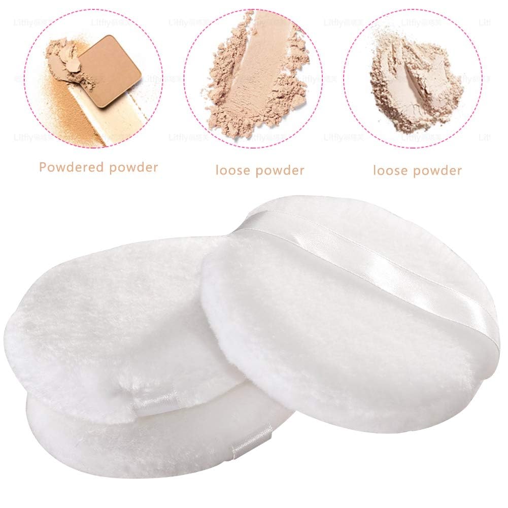 4 PCS Large Powder Puff, 4.13 Inch Velour Body Powder Puff Round Fluffy Powder Puffs Ultra Soft Body Puff Washable for Loose Body Powder Face Powder Baby Powder Makeup with Ribbon 4