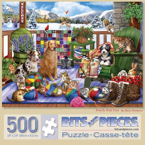 Bits and Pieces – Rompecabezas de 500 Piezas para Adultos – Porch Pets Fun - Invierno Perro Gato Hilo Rompecabezas por Artista Mary Thompson, Tamaño Final: 18" x 24" miniatura 1