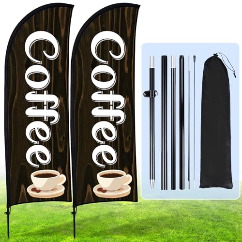 Buryeah 2 Sets Coffee Feather Flag Kit 7ft Coffee Flag Banner Bulk with Pole Ground Spike and Portable Bag for Business Foods Coffees Flags Advertising Outside Ground