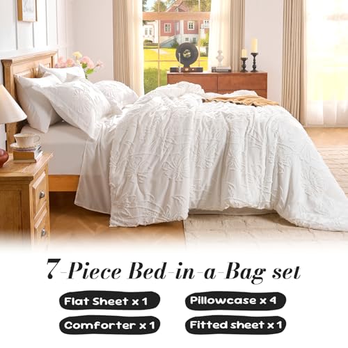 Image of 7 Pieces Flower Comforter Set for All Seasons White Floral Tufted Boho Bedding Set Queen Size Farmhouse Bed in A Bag as Gifts with Comforter Sheets Pillowcases Shams