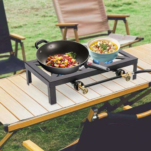 Hornillo de gas de 2 quemadores para bombona de gas, portátil, estufa de gas de hierro fundido, quemador wok para camping al aire libre con patas de pie, manguera y reductor de presión