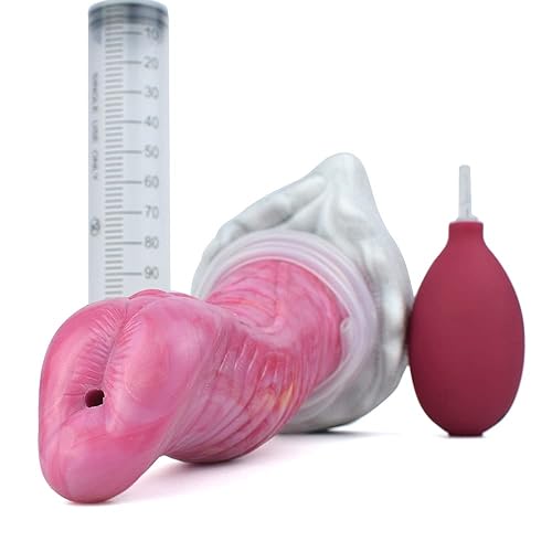 BeHorny Squirting Dildo Sex Toy, Liquid Silicone Alien/Fido Dildo with Suction Cup, Pump & Syringe Included