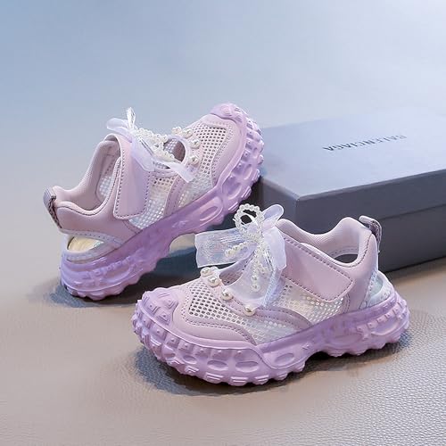 Girs Mesh Sneakers-Easy Strap, LaceBow & Pearl Detail- Lightweight CasuaShoes-Pink,Purple,Beige-EU 28-373