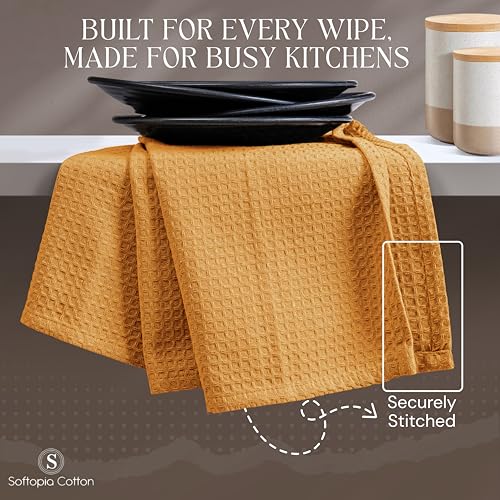 Image of Mustard Yellow Waffle Kitchen Dish Towels 100% Cotton, Soft, Absorbent, Quick Drying, Multipurpose Use, Bar & Hand Towels, 16x26 Inches, Durable, Machine Washable, Reusable, Set of 4